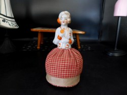5" Porcelain 1920s-30s Half Doll, Red Check Round Base Pincushion